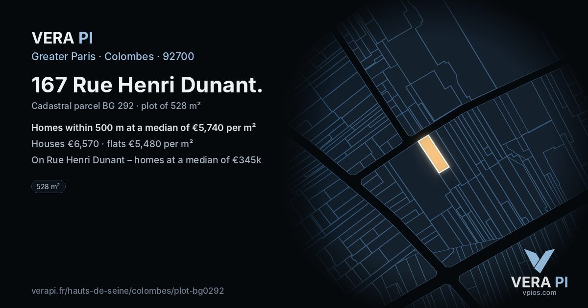 167 Rue Henri Dunant, Colombes at night – the plot lit, the parcels around coloured by the prices near them
