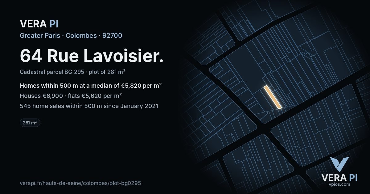64 Rue Lavoisier, Colombes at night – the plot lit, the parcels around coloured by the prices near them