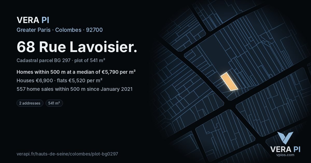 68 Rue Lavoisier, Colombes at night – the plot lit, the parcels around coloured by the prices near them