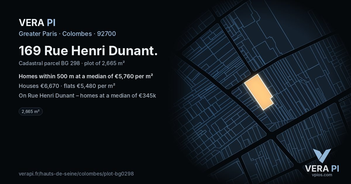 169 Rue Henri Dunant, Colombes at night – the plot lit, the parcels around coloured by the prices near them