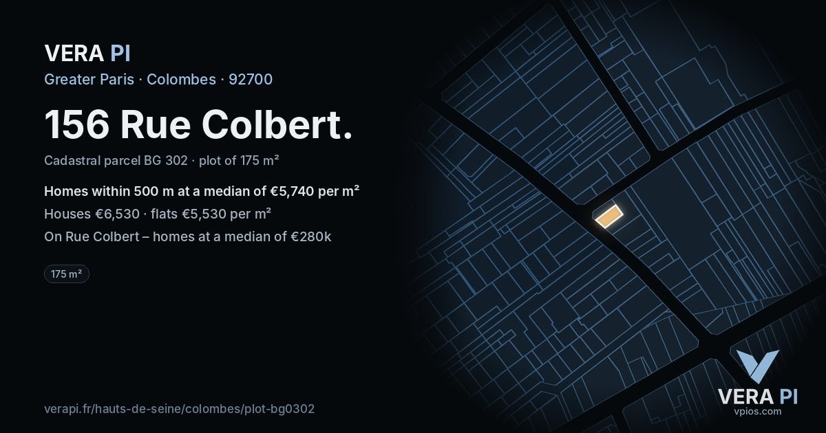 156 Rue Colbert, Colombes at night – the plot lit, the parcels around coloured by the prices near them
