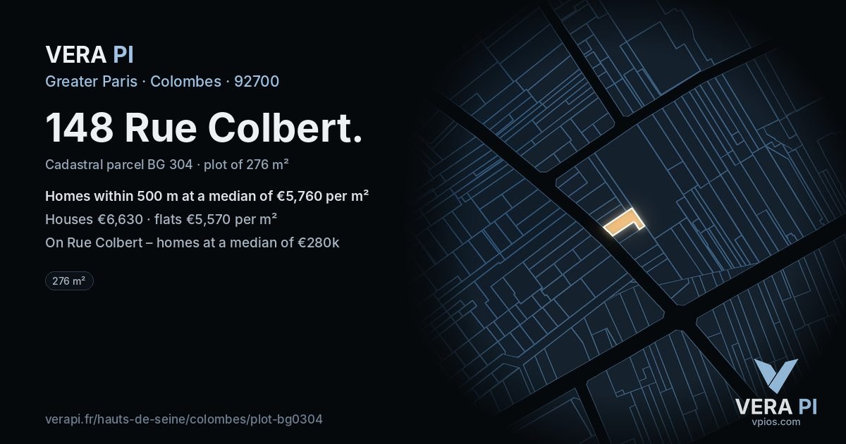 148 Rue Colbert, Colombes at night – the plot lit, the parcels around coloured by the prices near them