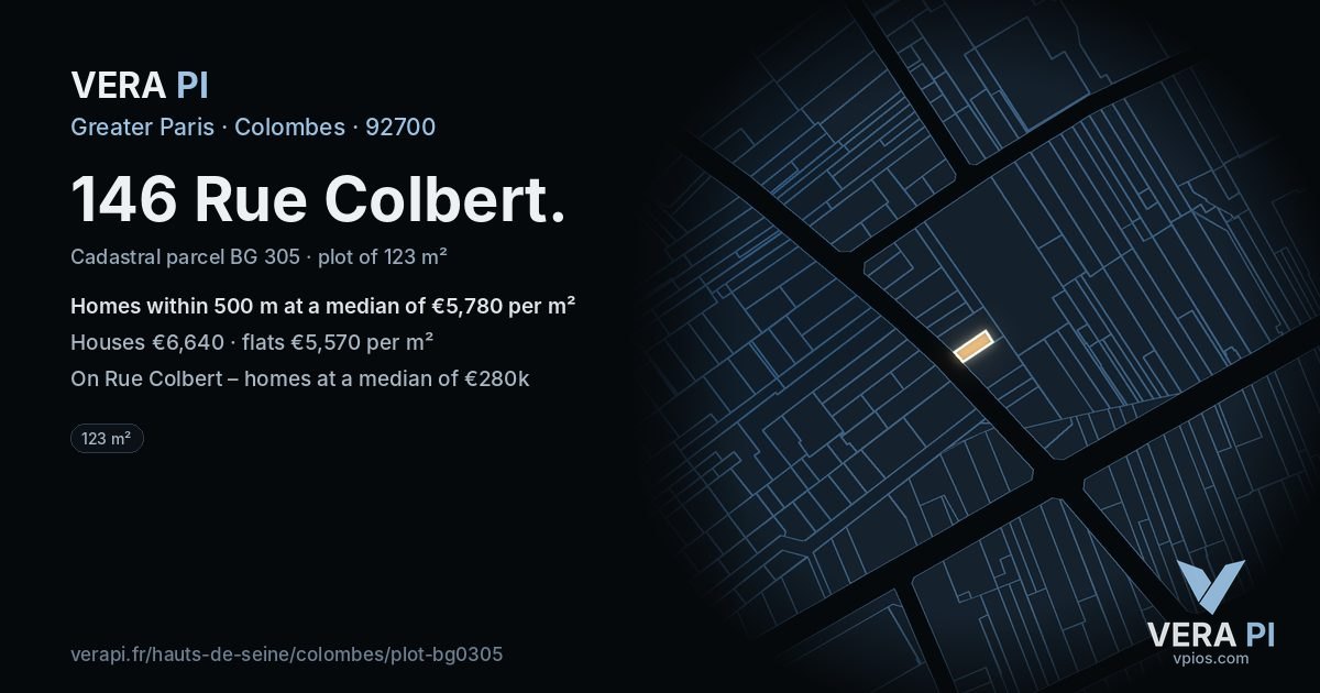 146 Rue Colbert, Colombes at night – the plot lit, the parcels around coloured by the prices near them