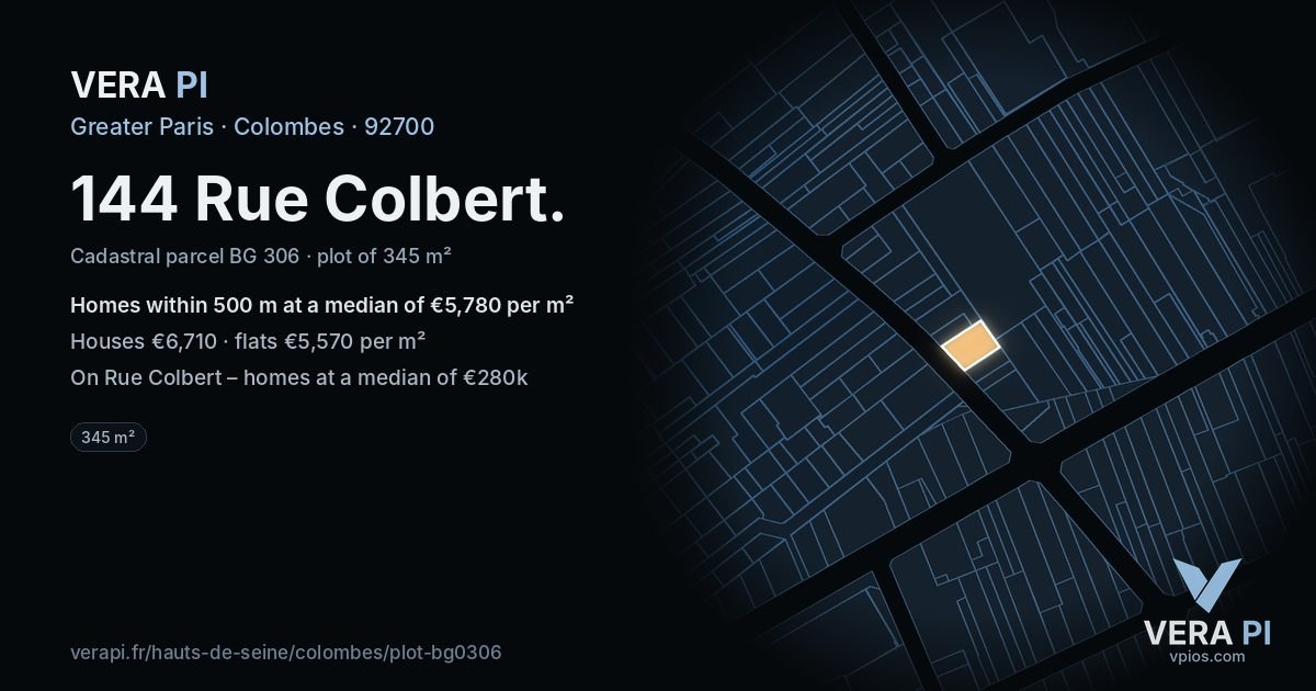 144 Rue Colbert, Colombes at night – the plot lit, the parcels around coloured by the prices near them