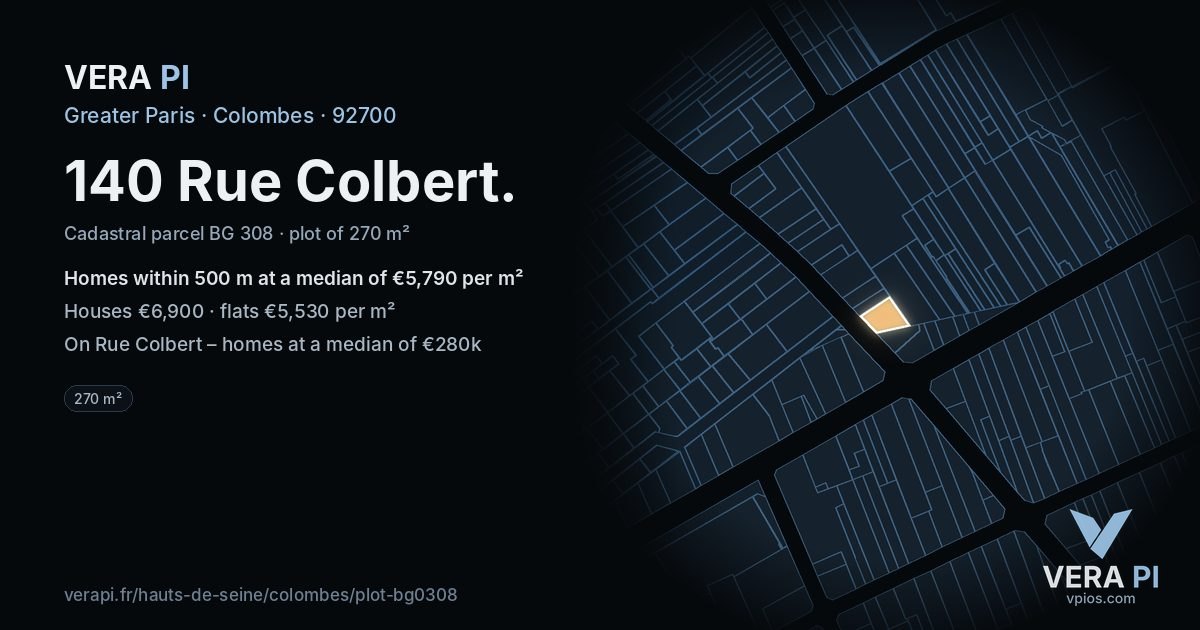 140 Rue Colbert, Colombes at night – the plot lit, the parcels around coloured by the prices near them