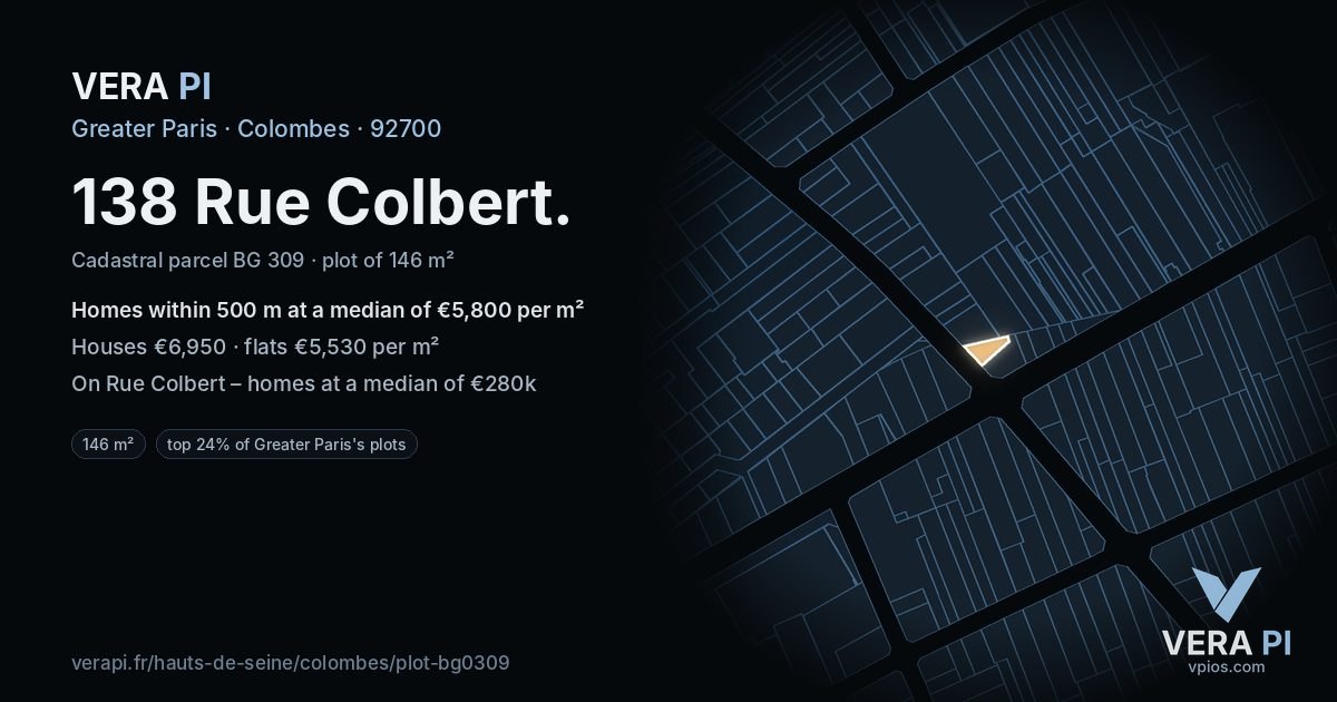 138 Rue Colbert, Colombes at night – the plot lit, the parcels around coloured by the prices near them