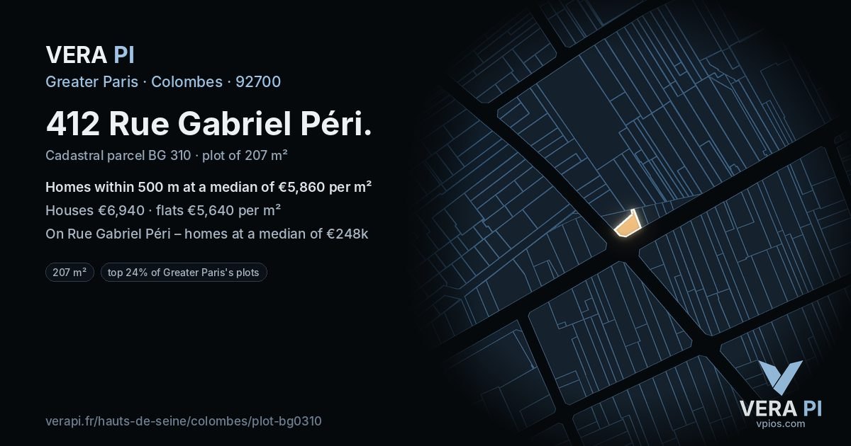 412 Rue Gabriel Péri, Colombes at night – the plot lit, the parcels around coloured by the prices near them