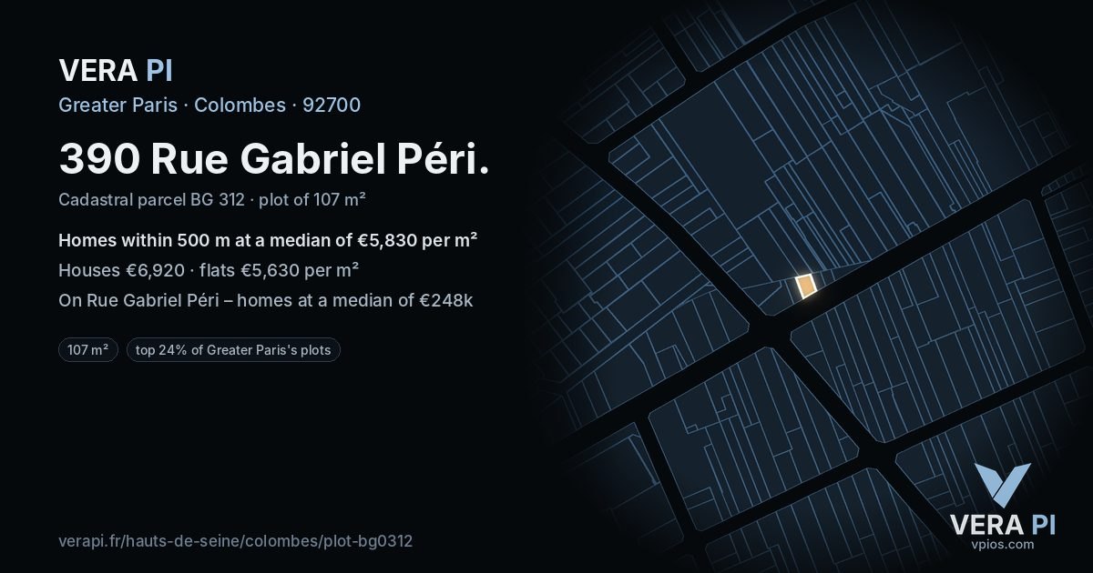 390 Rue Gabriel Péri, Colombes at night – the plot lit, the parcels around coloured by the prices near them