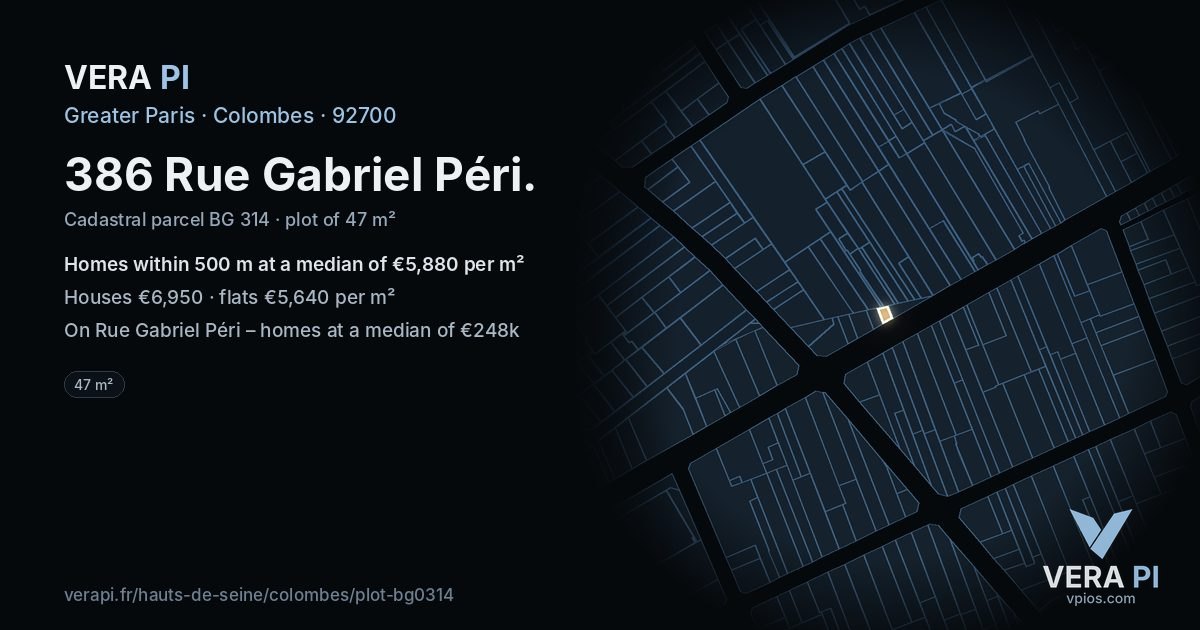 386 Rue Gabriel Péri, Colombes at night – the plot lit, the parcels around coloured by the prices near them