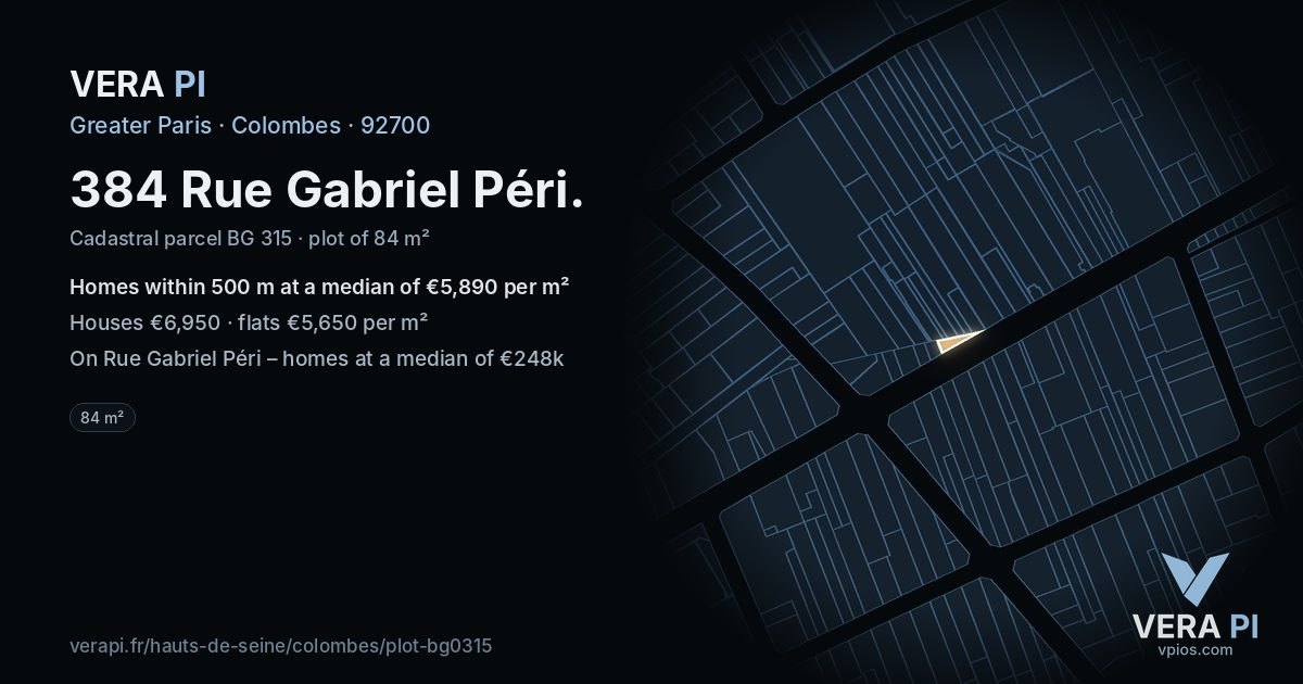 384 Rue Gabriel Péri, Colombes at night – the plot lit, the parcels around coloured by the prices near them