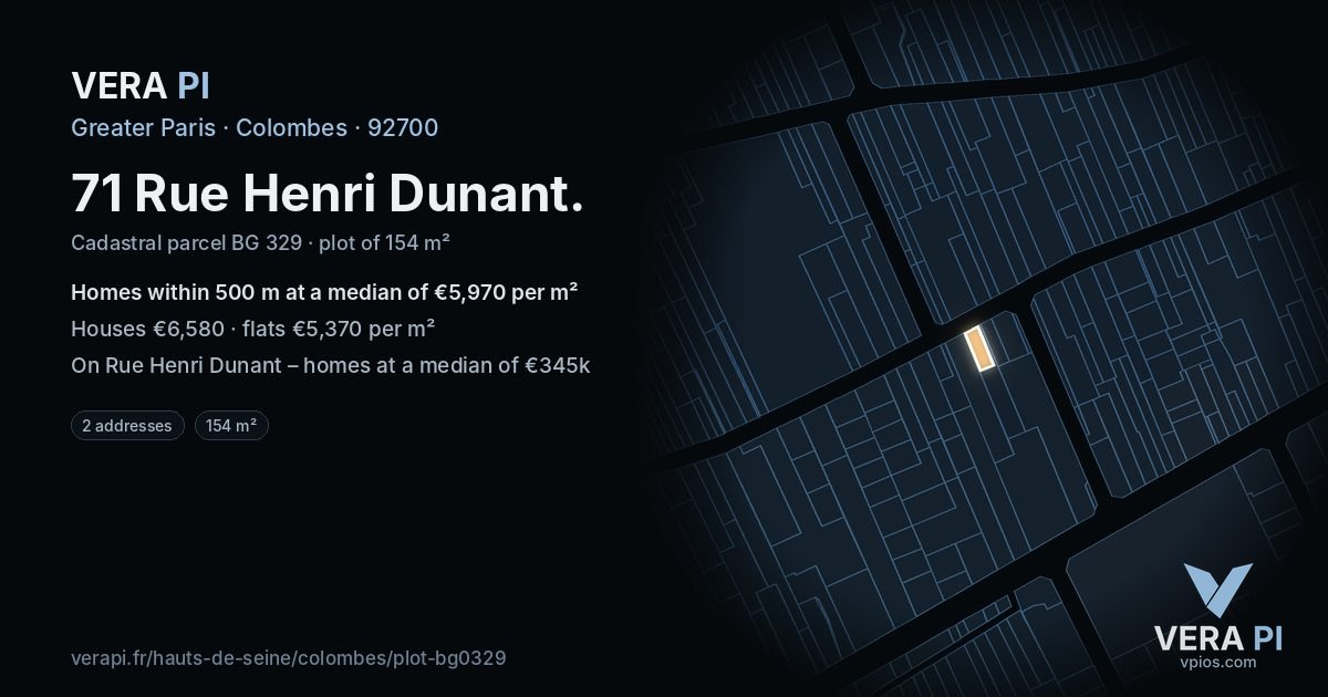 71 Rue Henri Dunant, Colombes at night – the plot lit, the parcels around coloured by the prices near them