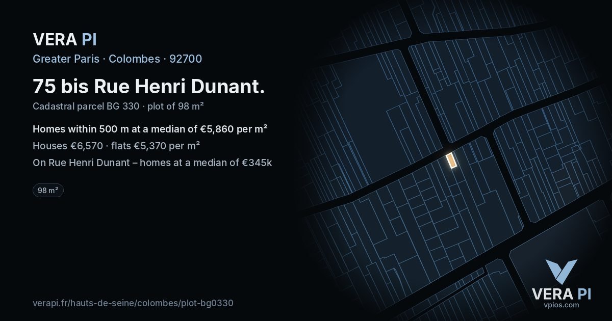 75 bis Rue Henri Dunant, Colombes at night – the plot lit, the parcels around coloured by the prices near them