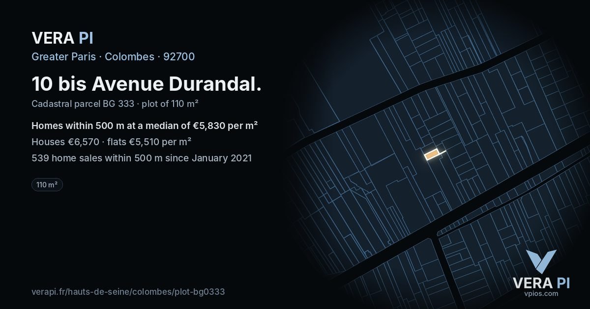 10 bis Avenue Durandal, Colombes at night – the plot lit, the parcels around coloured by the prices near them