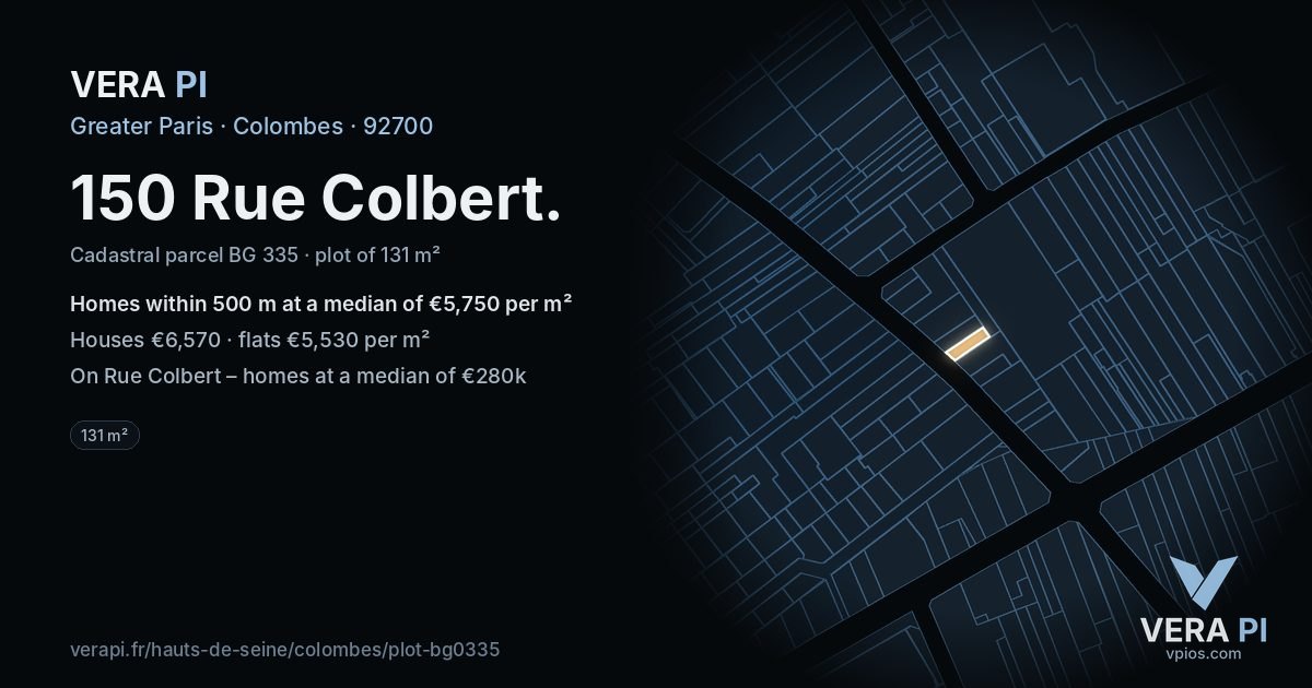150 Rue Colbert, Colombes at night – the plot lit, the parcels around coloured by the prices near them