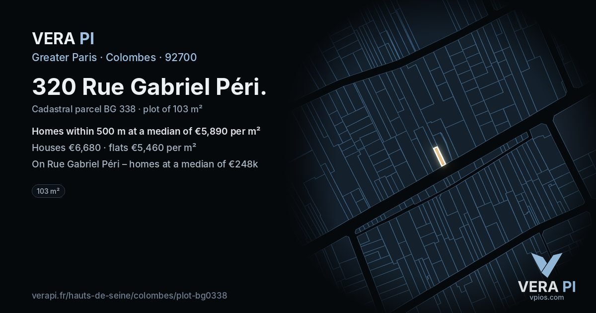 320 Rue Gabriel Péri, Colombes at night – the plot lit, the parcels around coloured by the prices near them