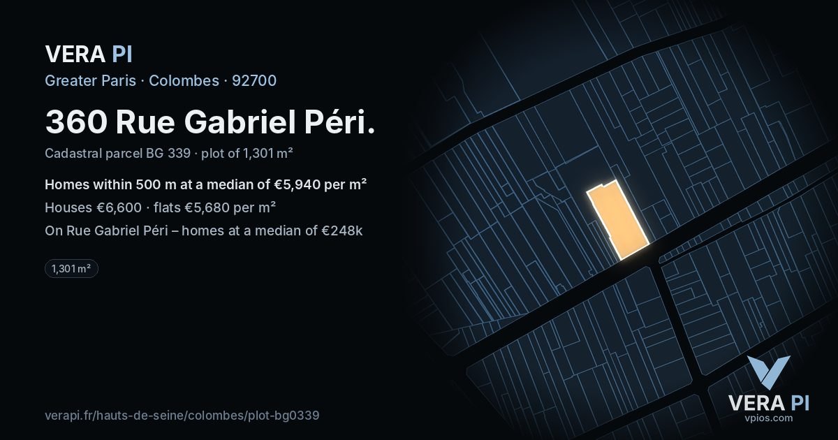 360 Rue Gabriel Péri, Colombes at night – the plot lit, the parcels around coloured by the prices near them