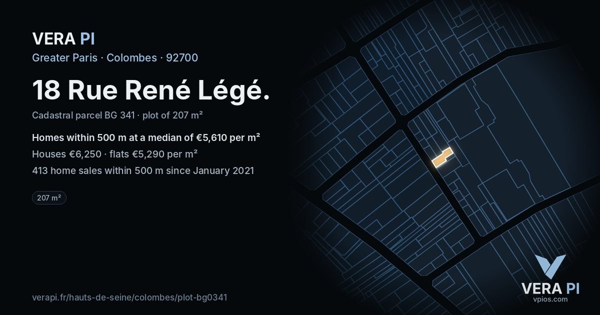 18 Rue René Légé, Colombes at night – the plot lit, the parcels around coloured by the prices near them