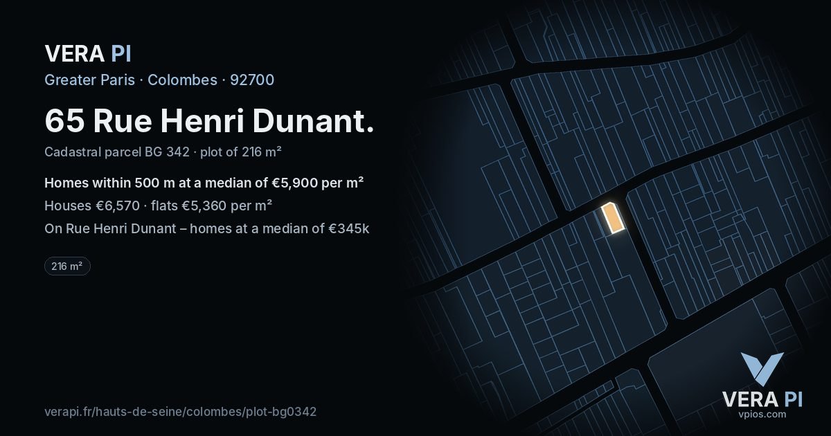 65 Rue Henri Dunant, Colombes at night – the plot lit, the parcels around coloured by the prices near them