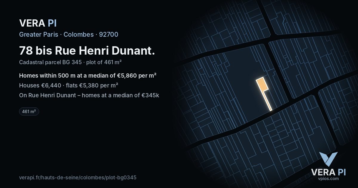 78 bis Rue Henri Dunant, Colombes at night – the plot lit, the parcels around coloured by the prices near them