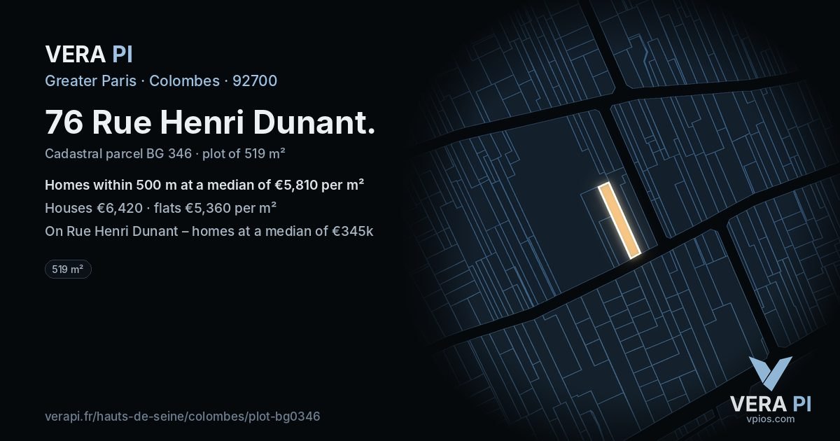 76 Rue Henri Dunant, Colombes at night – the plot lit, the parcels around coloured by the prices near them