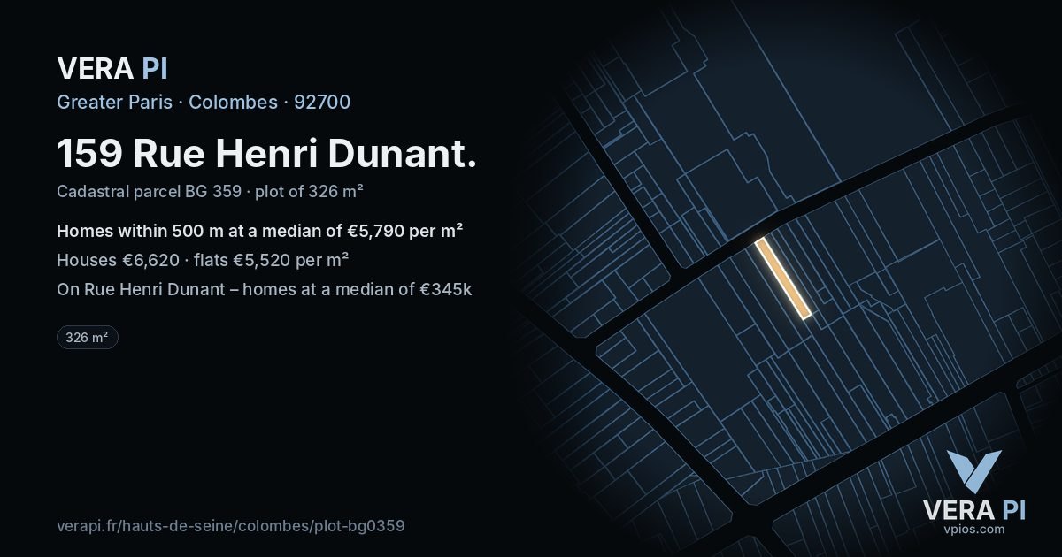 159 Rue Henri Dunant, Colombes at night – the plot lit, the parcels around coloured by the prices near them