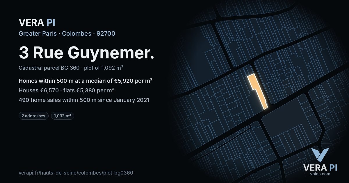 3 Rue Guynemer, Colombes at night – the plot lit, the parcels around coloured by the prices near them