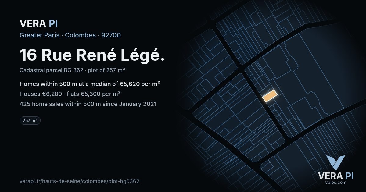 16 Rue René Légé, Colombes at night – the plot lit, the parcels around coloured by the prices near them