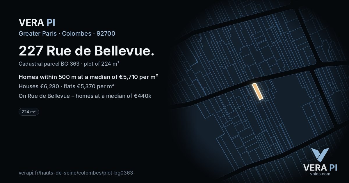 227 Rue de Bellevue, Colombes at night – the plot lit, the parcels around coloured by the prices near them