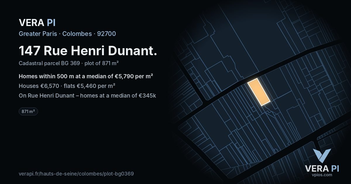 147 Rue Henri Dunant, Colombes at night – the plot lit, the parcels around coloured by the prices near them