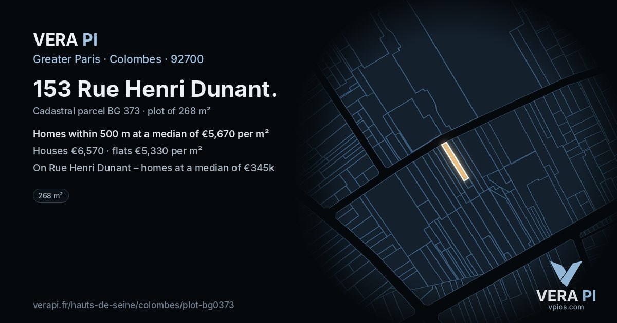 153 Rue Henri Dunant, Colombes at night – the plot lit, the parcels around coloured by the prices near them