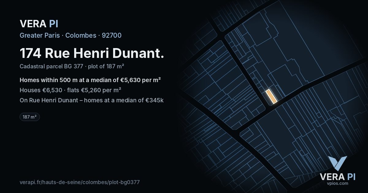 174 Rue Henri Dunant, Colombes at night – the plot lit, the parcels around coloured by the prices near them