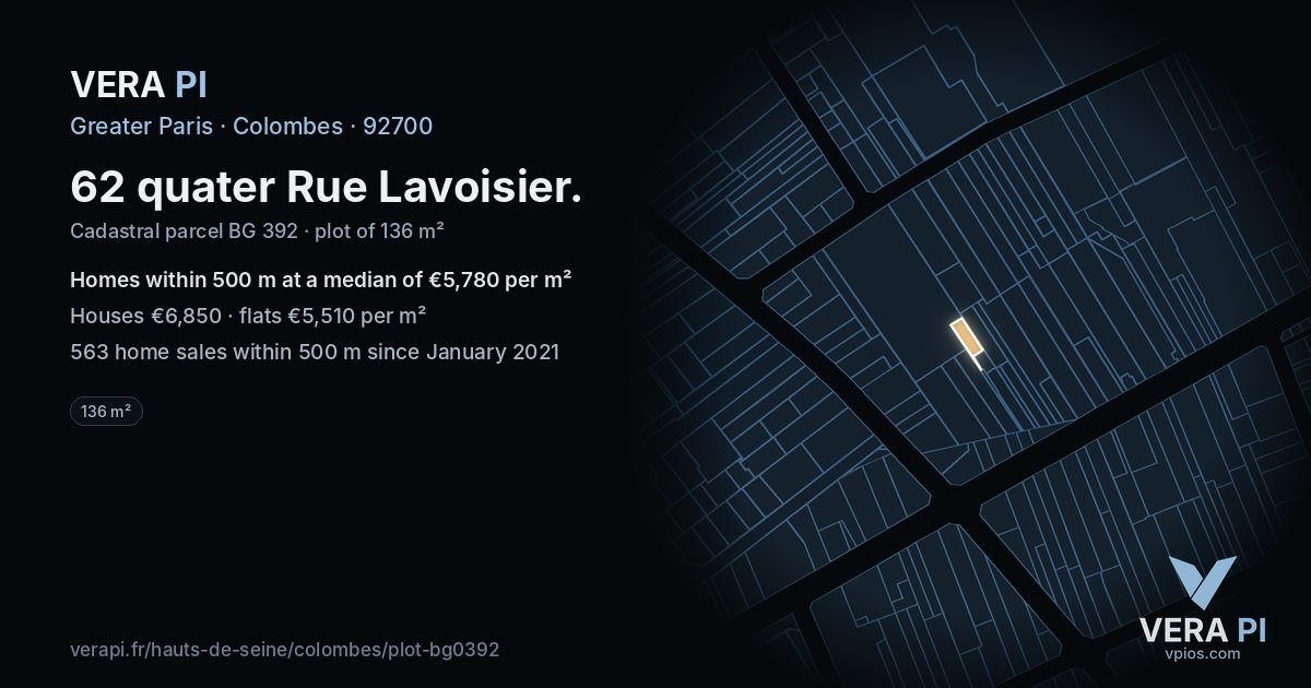 62 quater Rue Lavoisier, Colombes at night – the plot lit, the parcels around coloured by the prices near them
