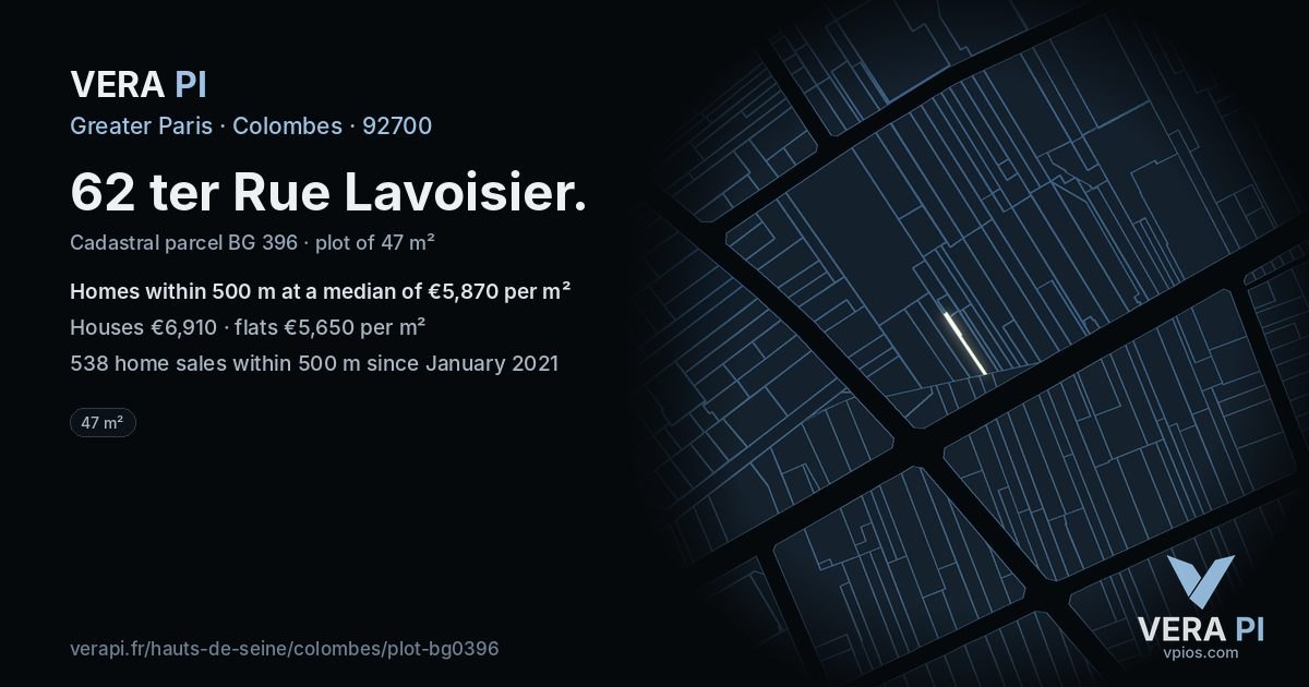 62 ter Rue Lavoisier, Colombes at night – the plot lit, the parcels around coloured by the prices near them