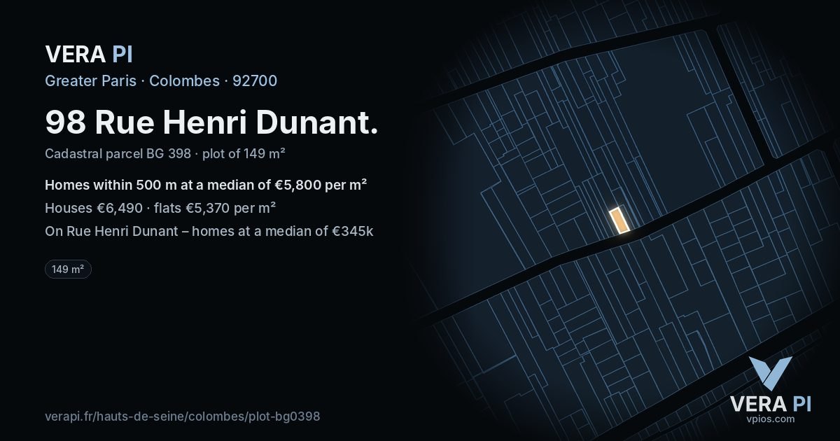 98 Rue Henri Dunant, Colombes at night – the plot lit, the parcels around coloured by the prices near them