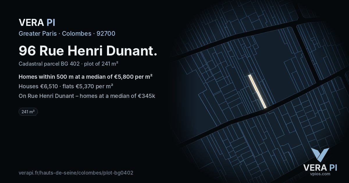 96 Rue Henri Dunant, Colombes at night – the plot lit, the parcels around coloured by the prices near them