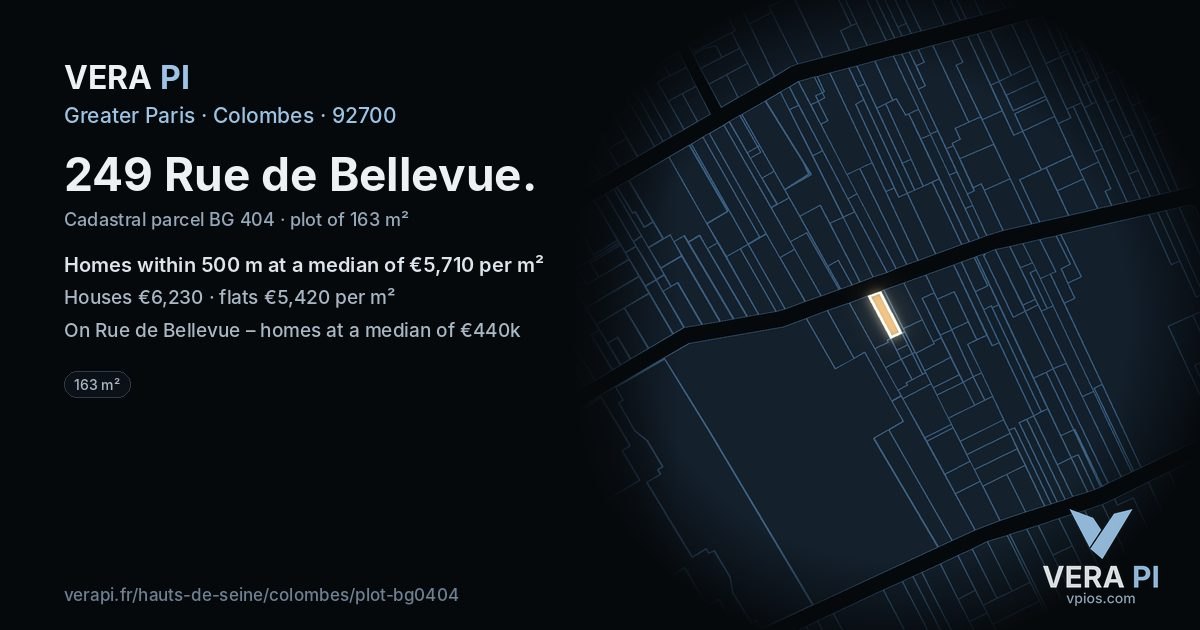 249 Rue de Bellevue, Colombes at night – the plot lit, the parcels around coloured by the prices near them