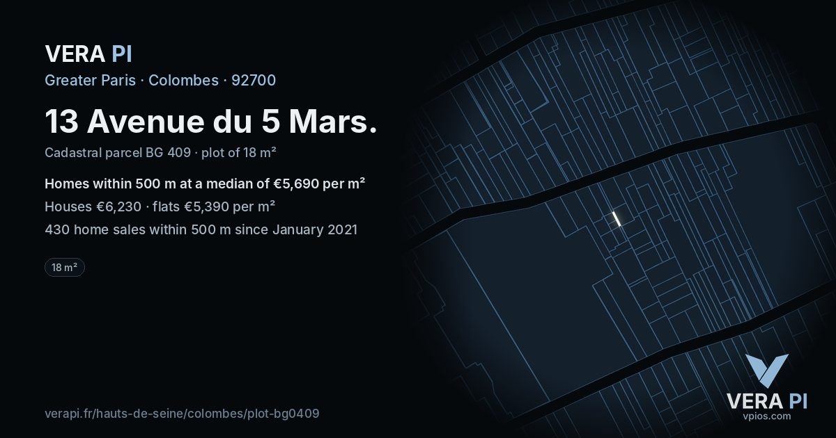 13 Avenue du 5 Mars, Colombes at night – the plot lit, the parcels around coloured by the prices near them