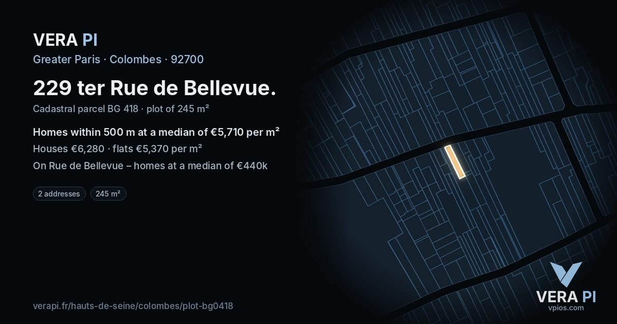 229 ter Rue de Bellevue, Colombes at night – the plot lit, the parcels around coloured by the prices near them