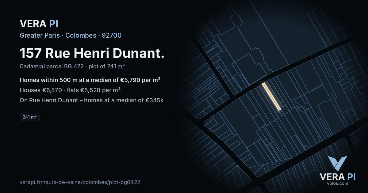 157 Rue Henri Dunant, Colombes at night – the plot lit, the parcels around coloured by the prices near them