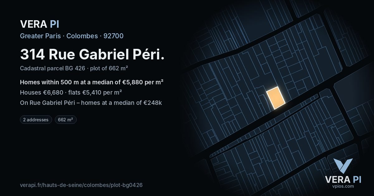 314 Rue Gabriel Péri, Colombes at night – the plot lit, the parcels around coloured by the prices near them