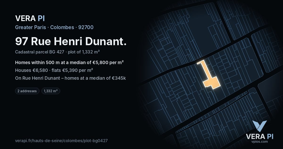 97 Rue Henri Dunant, Colombes at night – the plot lit, the parcels around coloured by the prices near them