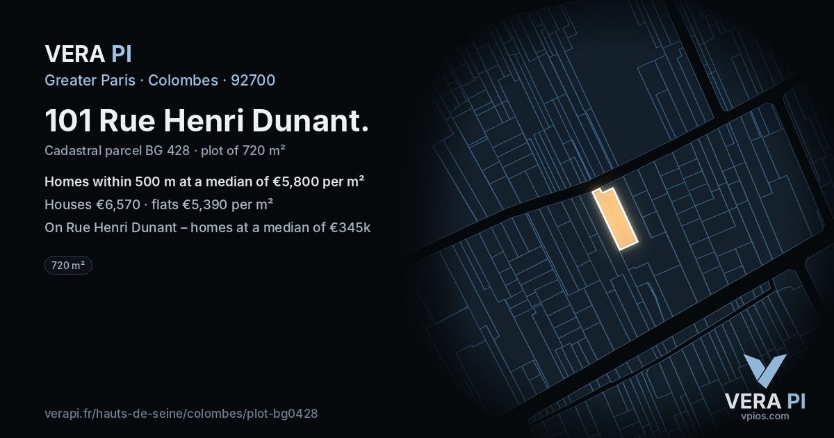 101 Rue Henri Dunant, Colombes at night – the plot lit, the parcels around coloured by the prices near them