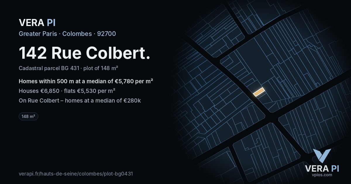 142 Rue Colbert, Colombes at night – the plot lit, the parcels around coloured by the prices near them