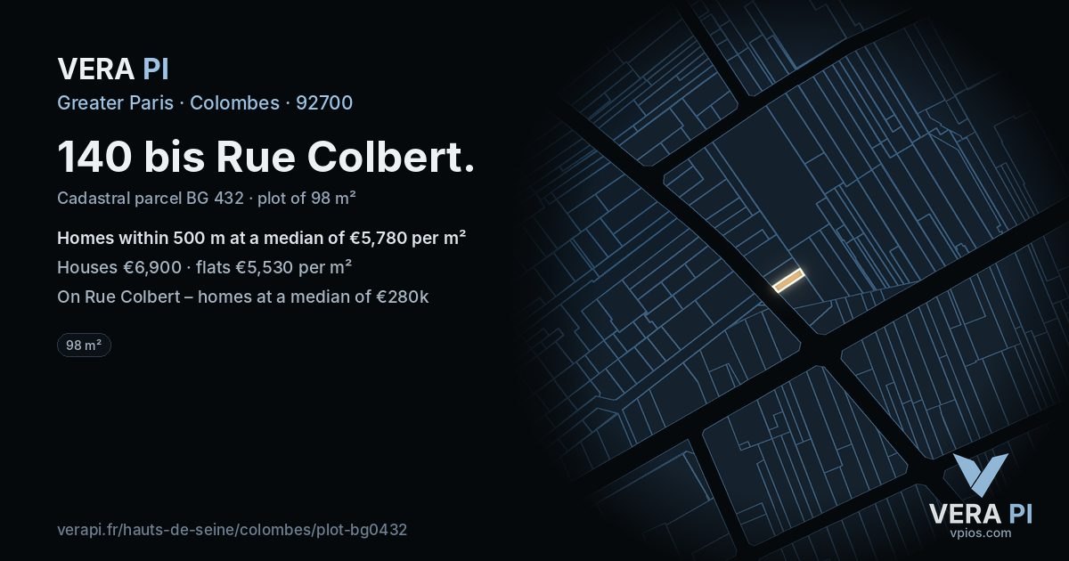 140 bis Rue Colbert, Colombes at night – the plot lit, the parcels around coloured by the prices near them