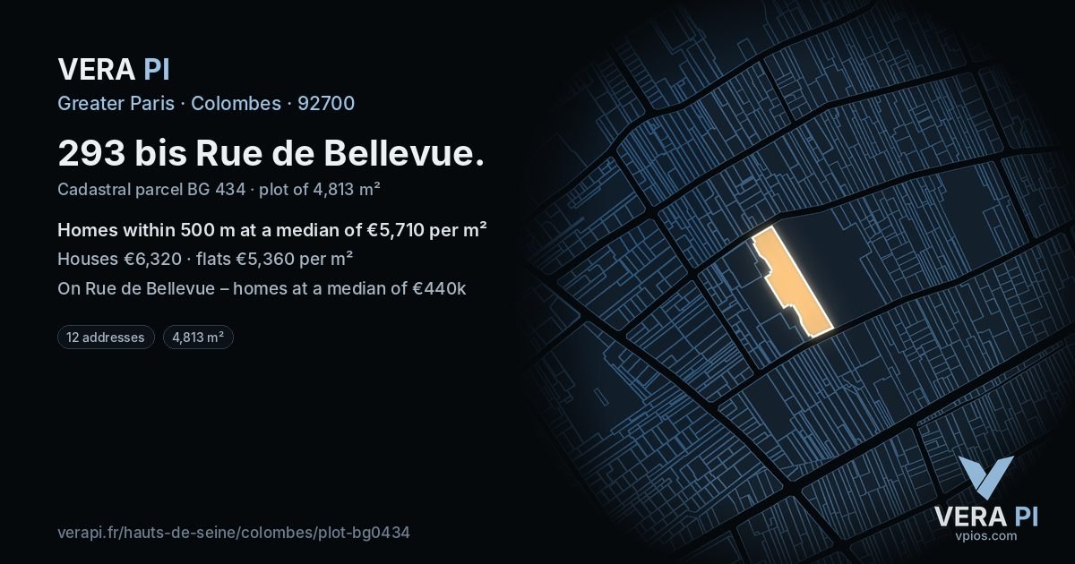 293 bis Rue de Bellevue, Colombes at night – the plot lit, the parcels around coloured by the prices near them