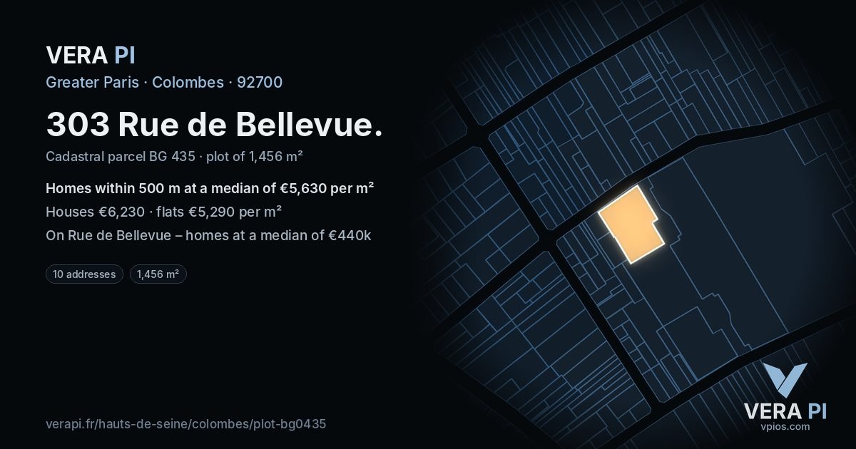 303 Rue de Bellevue, Colombes at night – the plot lit, the parcels around coloured by the prices near them
