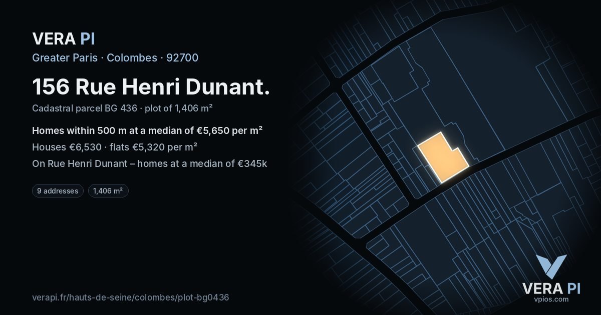156 Rue Henri Dunant, Colombes at night – the plot lit, the parcels around coloured by the prices near them