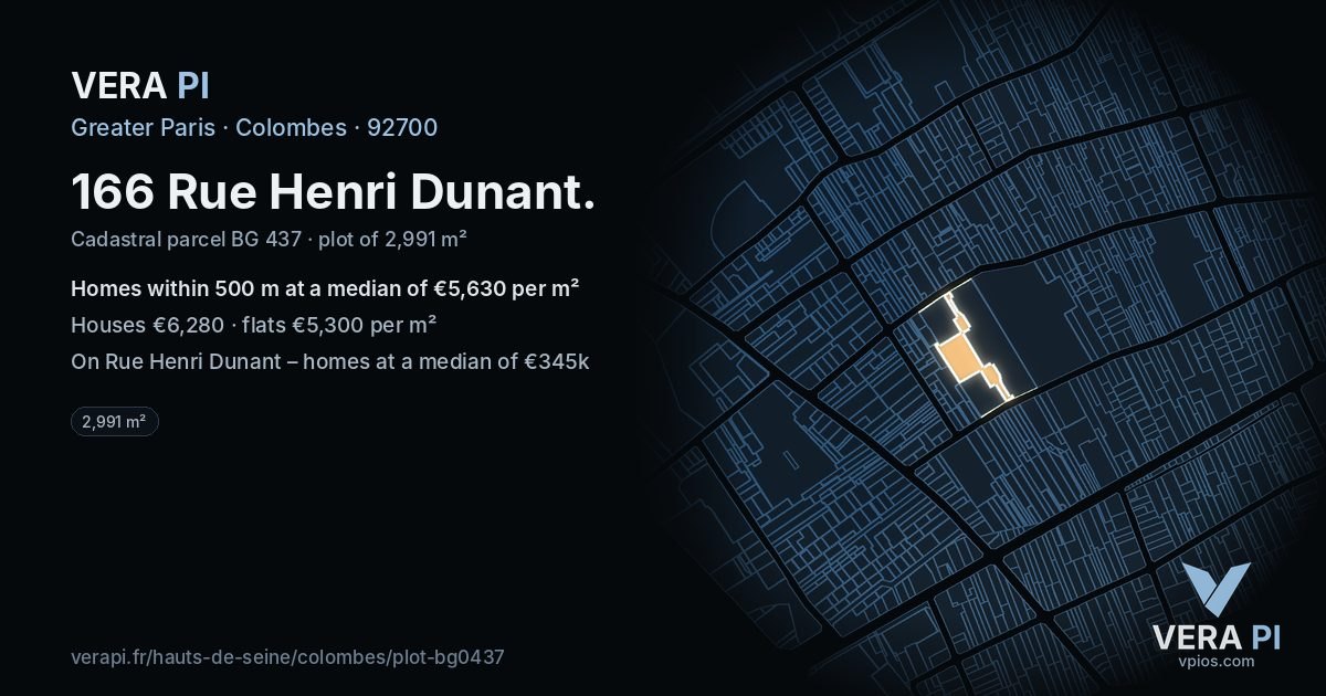166 Rue Henri Dunant, Colombes at night – the plot lit, the parcels around coloured by the prices near them