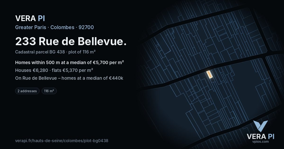 233 Rue de Bellevue, Colombes at night – the plot lit, the parcels around coloured by the prices near them