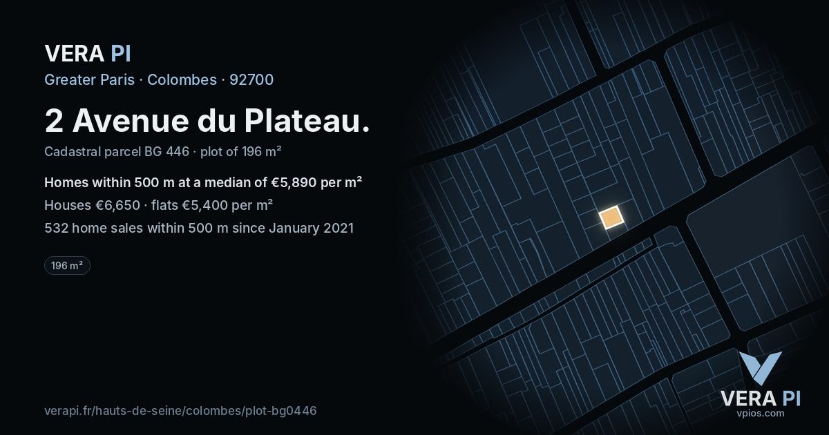 2 Avenue du Plateau, Colombes at night – the plot lit, the parcels around coloured by the prices near them